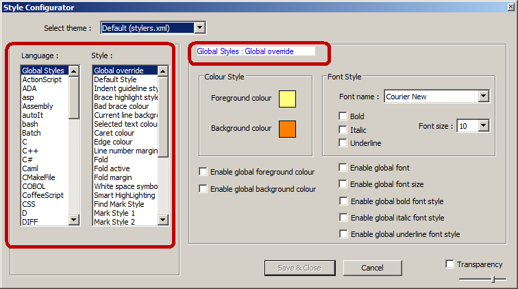 Selecting a style in Notepad++ Style Configurator